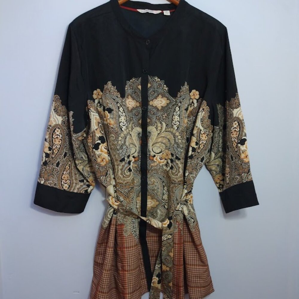Isaac Mizrahi Mixed Print Tunic Top 2X Paisley Plaid Neutral Black Belted Flowy
